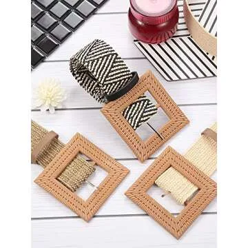WILLBOND 3 Pcs Straw Woven Belt Boho Waist Belt Wooden Buckle for Women(Medium)