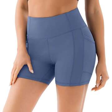 PERSIT Yoga Shorts for Women with Pockets High Wasited Running Athletic Biker Workout Shorts Tight Fitness Gym Shorts Yoga Pants - Blue - M