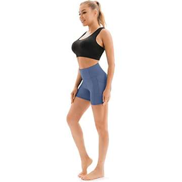 PERSIT Yoga Shorts for Women with Pockets High Wasited Running Athletic Biker Workout Shorts Tight Fitness Gym Shorts Yoga Pants - Blue - M
