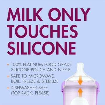 Boon Nursh Reusable Silicone Pouch Baby Bottles - Medium Flow Nipple - Silicone Baby Bottle Pouch and Nipple - Baby Feeding Essentials - Metallic - 3-6 Months - 3 Count - 8 Ounce