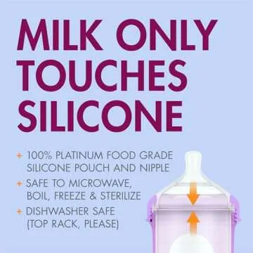 Boon Nursh Reusable Silicone Pouch Baby Bottles - Medium Flow Nipple - Silicone Baby Bottle Pouch and Nipple - Baby Feeding Essentials - Metallic - 3-6 Months - 3 Count - 8 Ounce