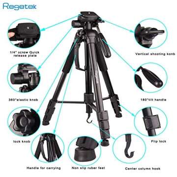 Regetek 73" Camera Tripod Travel Monopod (Aluminum Professional Video Camera Mount) Adjustable Stand with Flexible Head for Canon Nikon DV DSLR Camcorder Webcam cam& Carry Bag & Cellphone Mount