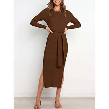 ANRABESS Womens Long Sleeve Sweater Dress Crew Neck Slim Fit Slit Tie Waist 2025 Ribbed Knit Bodycon Midi Dress Fall Outfits 623zonghong-M Brown