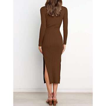 ANRABESS Womens Long Sleeve Sweater Dress Crew Neck Slim Fit Slit Tie Waist 2025 Ribbed Knit Bodycon Midi Dress Fall Outfits 623zonghong-M Brown