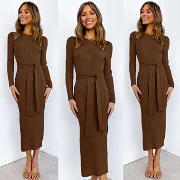 ANRABESS Womens Long Sleeve Sweater Dress Crew Neck Slim Fit Slit Tie Waist 2025 Ribbed Knit Bodycon Midi Dress Fall Outfits 623zonghong-M Brown