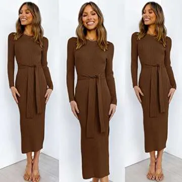 ANRABESS Womens Long Sleeve Sweater Dress Crew Neck Slim Fit Slit Tie Waist 2025 Ribbed Knit Bodycon Midi Dress Fall Outfits 623zonghong-M Brown