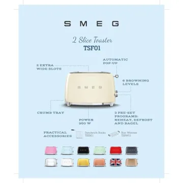 Stylish SMEG 2 Slice Toaster with 6 Browning Levels