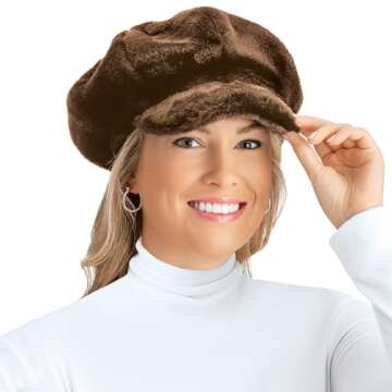 Collections Etc Women's Stylish Faux Fur Newsboy Winter Hat in Chocolate