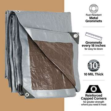 10x12 Heavy Duty Tarp, 10 Mil Thick, Waterproof, Tear & Fade Resistant, High Durability, UV Treated,...