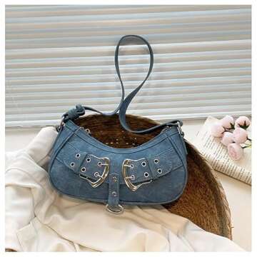 Generic Denim Bag for Women Stylish Purse Cute Shoulder Bag Trendy Handbag with Zipper Closure and Adjustable Strap (Blue)