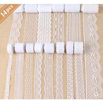 ilauke 46 Yards White Lace Ribbon 14 Rolls Vintage Lace Trims 0.6 to 2.1 inch Ribbon Lace with Assorted Pattern for Sewing, Crafts, Wedding Ribbon, Flower Ribbon, 3.28 Yards Each