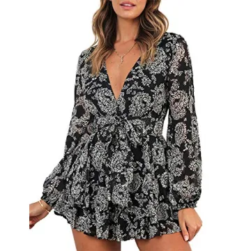 Relipop Women's Floral Print V Neck Waist Tie Ruffle Hem Summer Romper