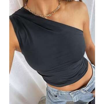 LEEDYA Women One Shoulder Sleeveless Tank Tops Asymmetrical Ruched Crop Top Going Out Slim Fit Vest ...