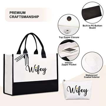Lamyba Wifey Tote Bag with Makeup Bag, Wifey Gifts for the Bride, Bridal Shower Gifts, Black and White