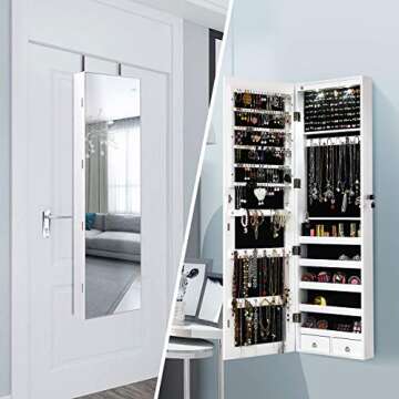 Giantex Wall Door Jewelry Armoire Cabinet with Full-Length Mirror, 2 LEDs Lockable Large Storage Jew...