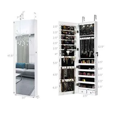 Giantex Wall Door Jewelry Armoire Cabinet with Full-Length Mirror, 2 LEDs Lockable Large Storage Jewelry Organizer with 47.5'' Mirror, Bracelet Rod, Jewelry Armoires with 2 Drawers (White)