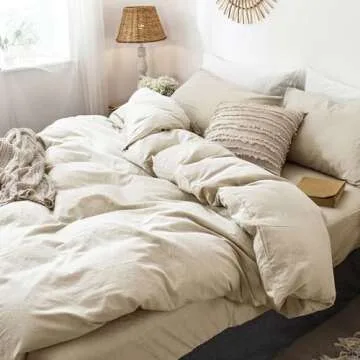 MooMee Bedding Duvet Cover Set 100% Washed Cotton Linen Like Textured Breathable Durable Soft Comfy (Almond Milk Grey, California King)