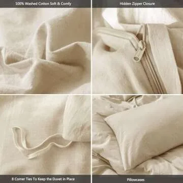 MooMee Bedding Duvet Cover Set 100% Washed Cotton Linen Like Textured Breathable Durable Soft Comfy (Almond Milk Grey, California King)