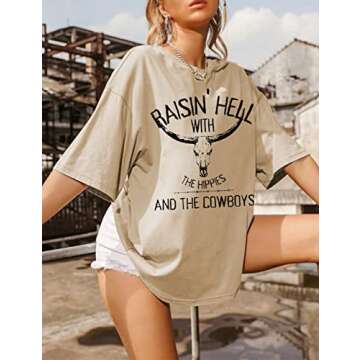Retro Steer Skull Oversized T-Shirt Women Western Graphic Tees Cowgirl Country Shirts Vintage Loose Short Sleeve Tops