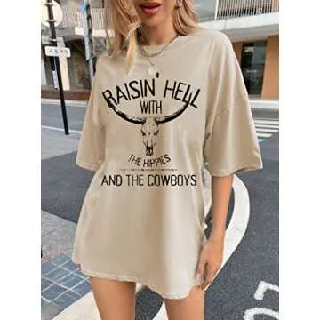 Retro Steer Skull Oversized T-Shirt Women Western Graphic Tees Cowgirl Country Shirts Vintage Loose Short Sleeve Tops