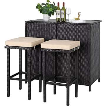SOLAURA 3-Piece Outdoor Patio Bar Set Black Brown Wicker Bar Table Set Patio Furniture and Two Stool...