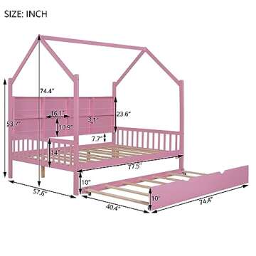 YOPTO Full Size House Bed with Trundle,Pine Wood Playhouse Bed Frame W/Storage Shelf,Front and Rear Guardrails,No Box Spring Needed,Easy Assembly,for Kids,Boys,Girls