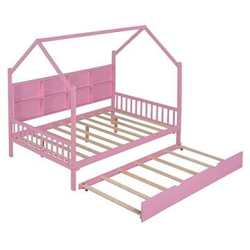 YOPTO Full Size House Bed with Trundle,Pine Wood Playhouse Bed Frame W/Storage Shelf,Front and Rear Guardrails,No Box Spring Needed,Easy Assembly,for Kids,Boys,Girls