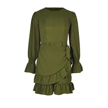 WEEPINLEE Womens Long Sleeve Round Neck Ruffles Wrap Dresses Party Dress (Army Green, M)