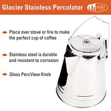 GSI Outdoors Percolator Coffee Pot I Glacier Stainless Steel Ultra-Rugged for Brewing Coffee Over St...