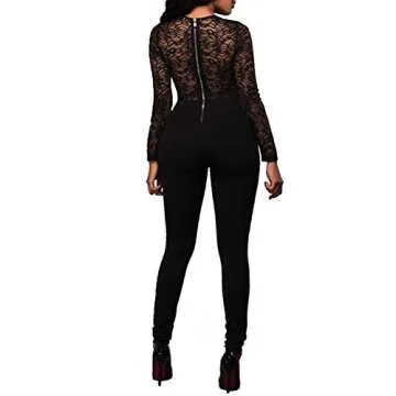 PORRCEY Women Long Sleeve Club Overalls Lace Bodycon Romper Party Jumpsuits (9831,Black,S)