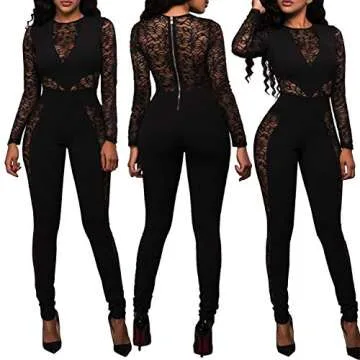 PORRCEY Women Long Sleeve Club Overalls Lace Bodycon Romper Party Jumpsuits (9831,Black,S)
