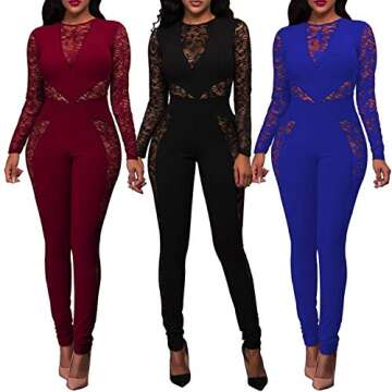 PORRCEY Women Long Sleeve Club Overalls Lace Bodycon Romper Party Jumpsuits (9831,Black,S)