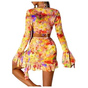 SHENHE Women's 4 Piece Halter Swimsuits with Cover Up Floral Triangle Cheeky Bikini Set Orange Yellow X-Small