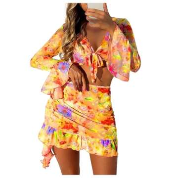 SHENHE Women's 4 Piece Halter Swimsuits with Cover Up Floral Triangle Cheeky Bikini Set Orange Yellow X-Small