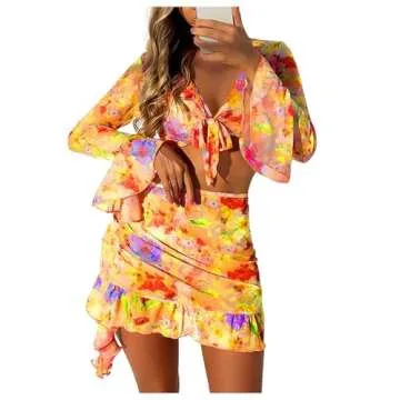 SHENHE Women's 4 Piece Halter Swimsuits with Cover Up Floral Triangle Cheeky Bikini Set Orange Yellow X-Small
