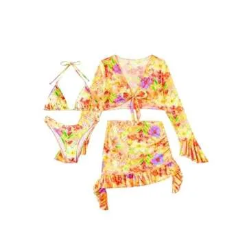 SHENHE Women's 4 Piece Halter Swimsuits with Cover Up Floral Triangle Cheeky Bikini Set Orange Yellow X-Small
