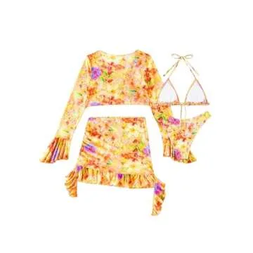 SHENHE Women's 4 Piece Halter Swimsuits with Cover Up Floral Triangle Cheeky Bikini Set Orange Yellow X-Small