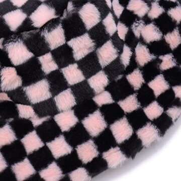 Umeepar Winter Faux Fur Fuzzy Bucket Hat Fluffy Warm Hat for Women Men (Chess Black Pink)
