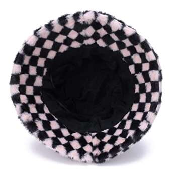 Umeepar Winter Faux Fur Fuzzy Bucket Hat Fluffy Warm Hat for Women Men (Chess Black Pink)
