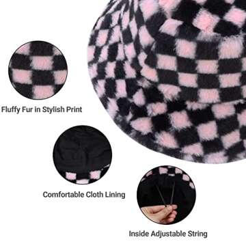 Umeepar Winter Faux Fur Fuzzy Bucket Hat Fluffy Warm Hat for Women Men (Chess Black Pink)