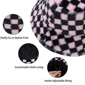 Umeepar Winter Faux Fur Fuzzy Bucket Hat Fluffy Warm Hat for Women Men (Chess Black Pink)