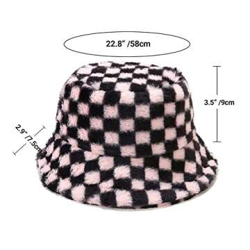 Umeepar Winter Faux Fur Fuzzy Bucket Hat Fluffy Warm Hat for Women Men (Chess Black Pink)