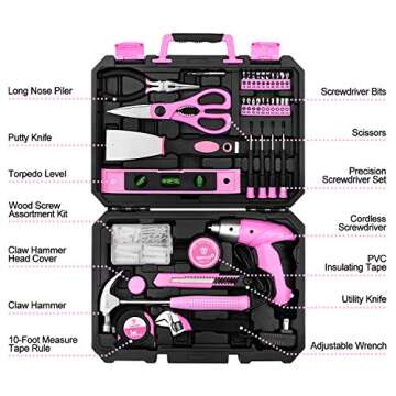 DEKOPRO Pink 98 Piece Tool Set,General Household Hand Tool Kit with Plastic Toolbox Storage Case