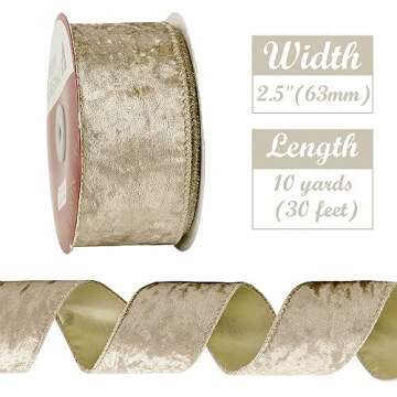 HUIHUANG Champagne Velvet Wired Ribbon - 10 Yards for Crafts & Decor
