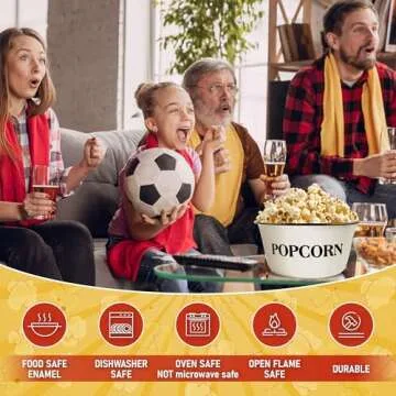 CWI 3.7-Quart Enamelware Popcorn Bowl - Round White Dish with Black Touches for Cinema Nights and Camping - Classic White with Black Rim, Durable