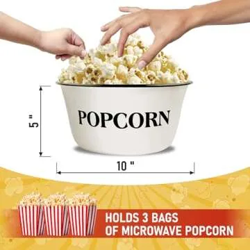 CWI 3.7-Quart Enamelware Popcorn Bowl - Round White Dish with Black Touches for Cinema Nights and Camping - Classic White with Black Rim, Durable