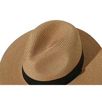 Lanzom Women Wide Brim Straw Panama Roll up Hat Fedora Beach Sun Hat UPF50+ (A-Square Belt Brown)