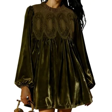 Yeokou Women Elegant Lace Velvet Swing Pleated A-Line Mini Dress