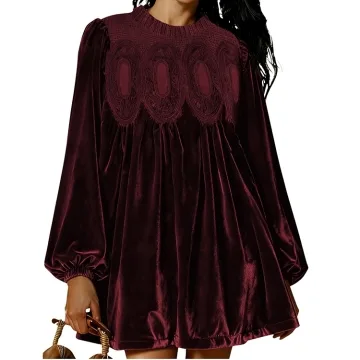 Yeokou Women Elegant Lace Velvet Swing Pleated A-Line Mini Dress