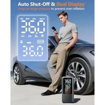 Portable Tire Inflator, Cordless Air Pump with Smart Features and LED Light